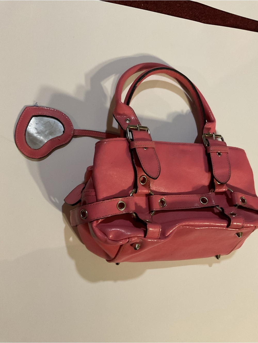 Vintage Y2K Bubblegum Pink Satchel Grommet Bag Heart Mirror Charm McBling